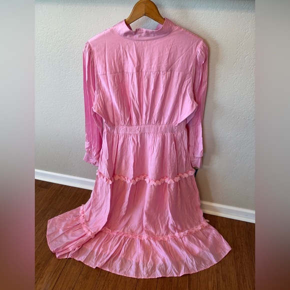 Ibiss01 NWT Tiered Pink Button Up Heart Trim Maxi Dress Long Sleeves - Picture 4 of 9